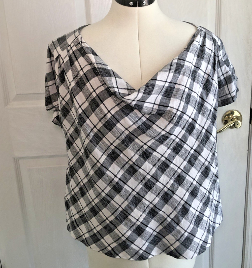 Y2K 100% Linen Black & White plaid shirt L lagenlook 80s cottagecore western